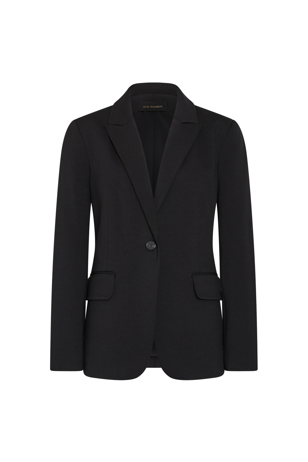 Black double knit blazer with notched lapels, flap pockets, tailored silhouette; front view on white background.