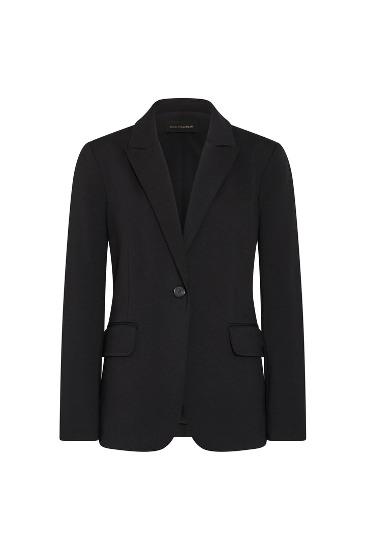 Black double knit blazer with notched lapels, flap pockets, tailored silhouette; front view on white background.