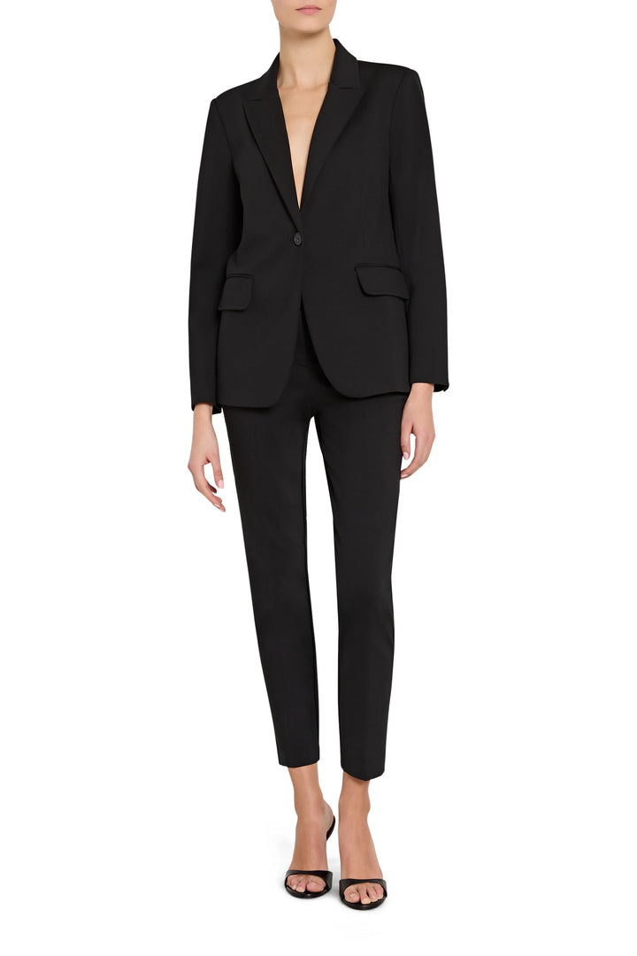 Tailored double knit blazer with structured silhouette, notched lapel, front buttons; front view on white.