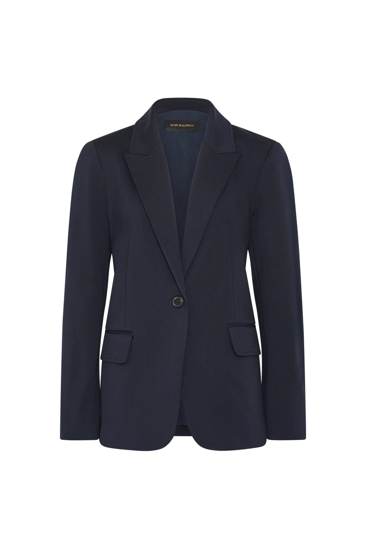 Tailored double knit blazer with notched lapels, front flap pockets, and structured silhouette; front view on white.
