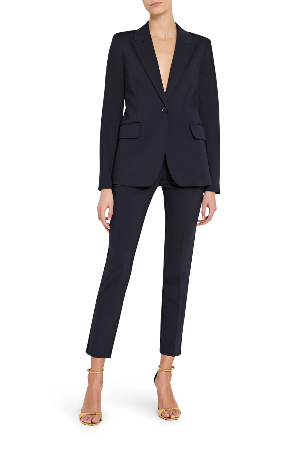 Tailored double knit blazer with structured shoulders and notched lapel, front view on white.