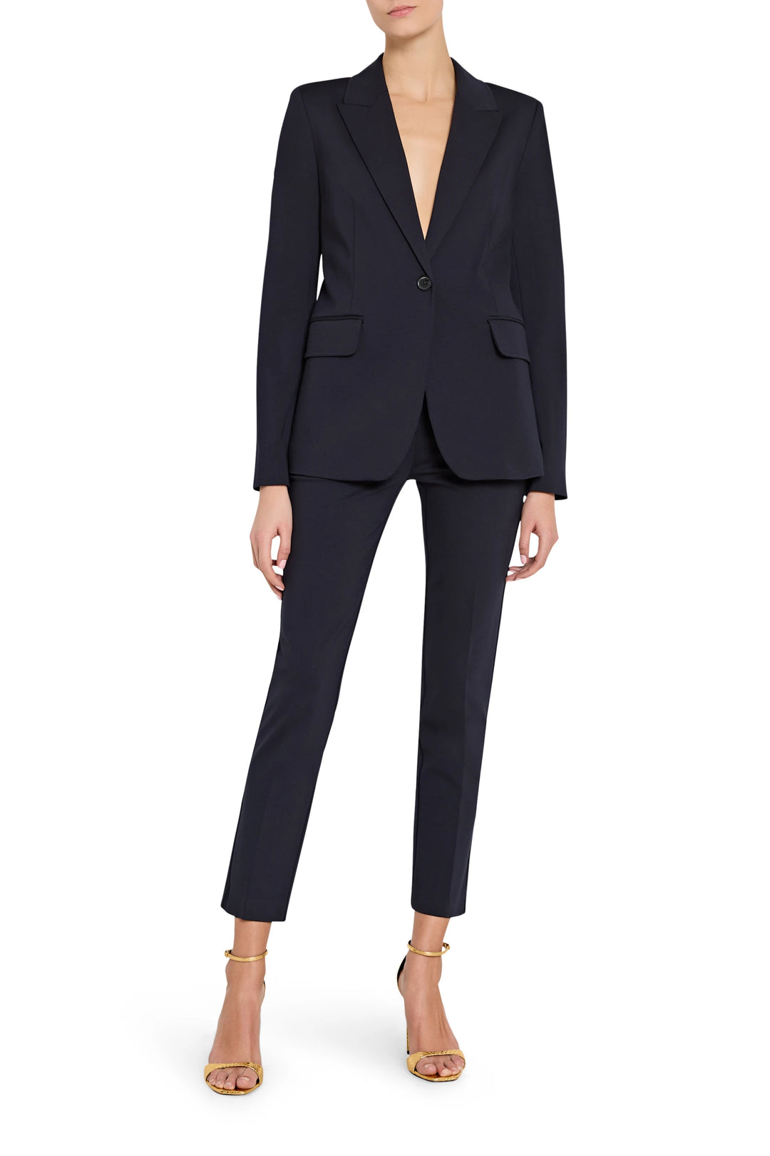 Tailored double knit blazer with structured shoulders and notched lapel, front view on white.