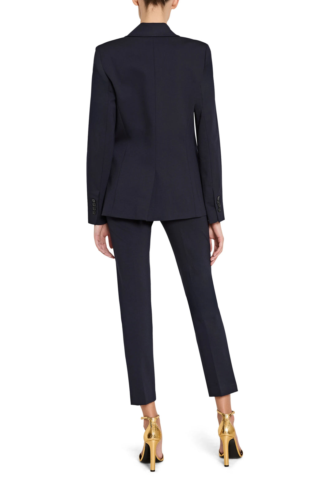 Tailored double knit blazer with structured silhouette, single vent, notched collar; back view on white.