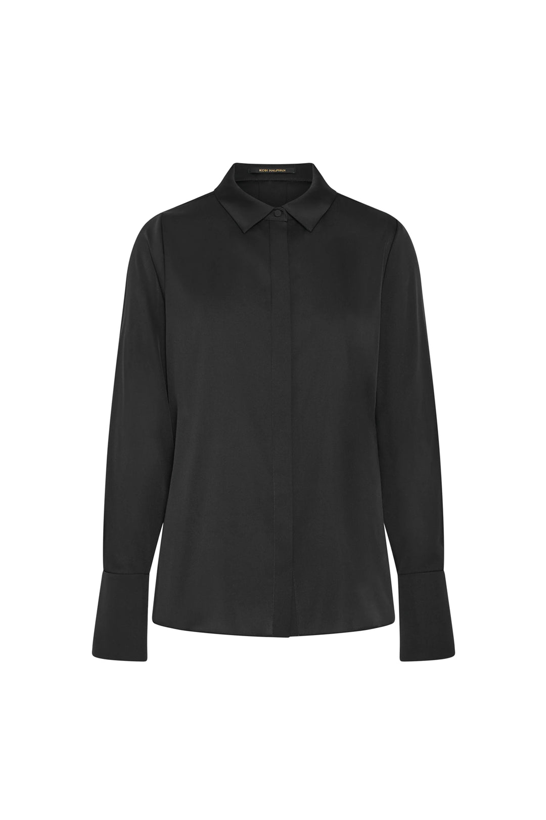 Black silk blouse with long sleeves, pointed collar, wide cuffs; relaxed silhouette. Front view on white.