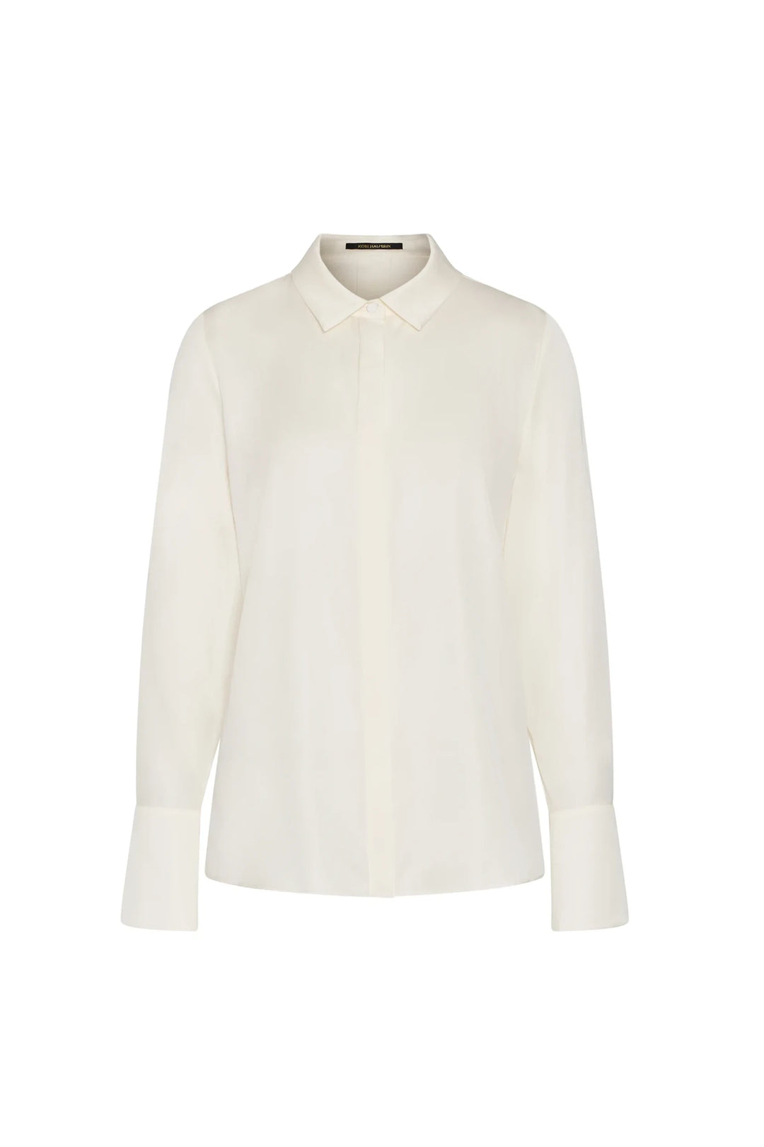 Silk blouse with classic collar, long sleeves, wide cuffs, fluid silhouette; front view on white.
