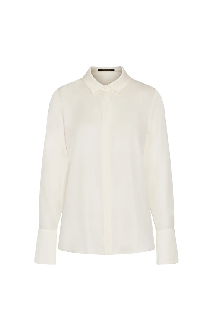 Silk blouse with classic collar, long sleeves, wide cuffs, fluid silhouette; front view on white.