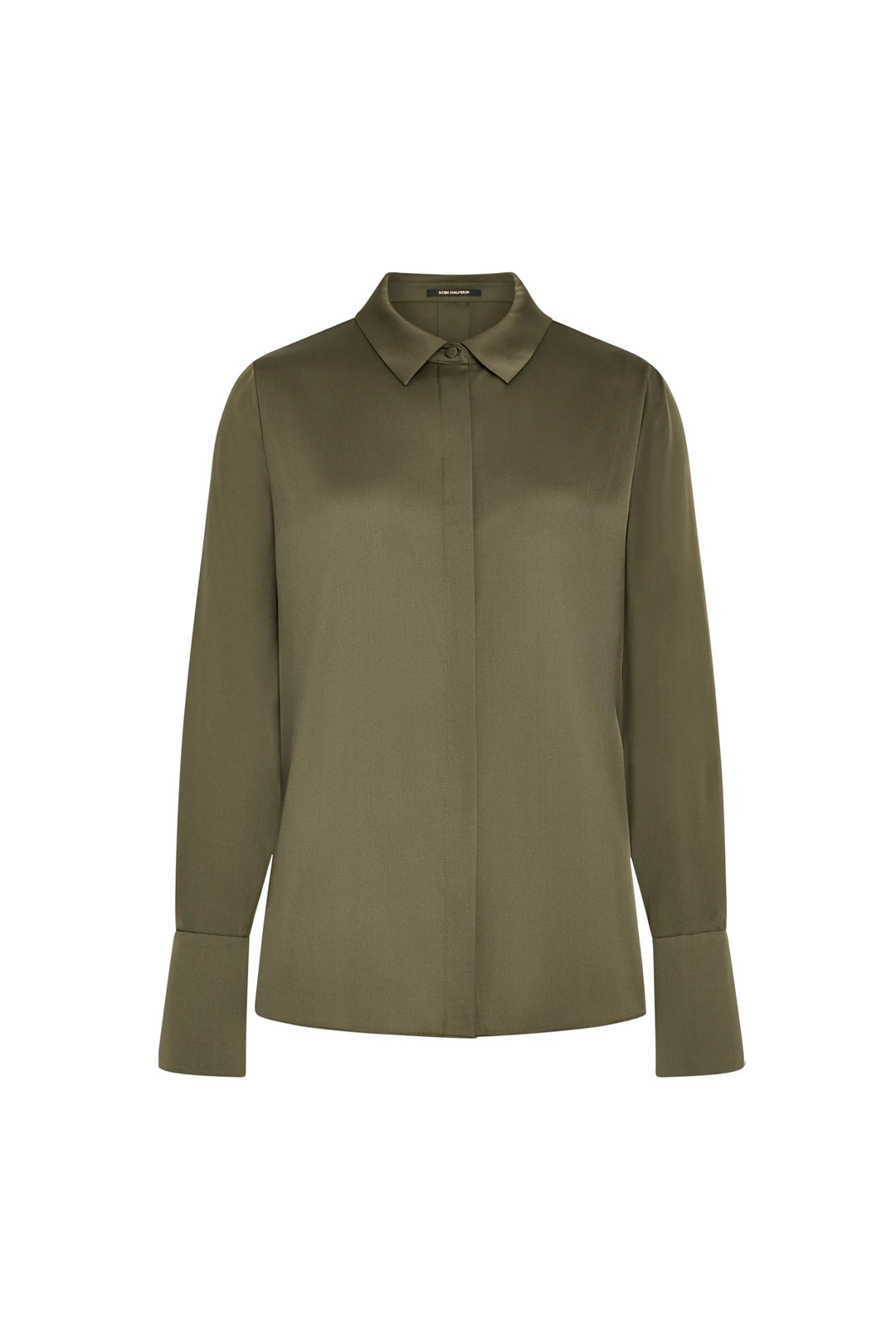 Silk blouse with long sleeves, button-up front, collar, and wide cuffs. Relaxed silhouette. Front view on white.