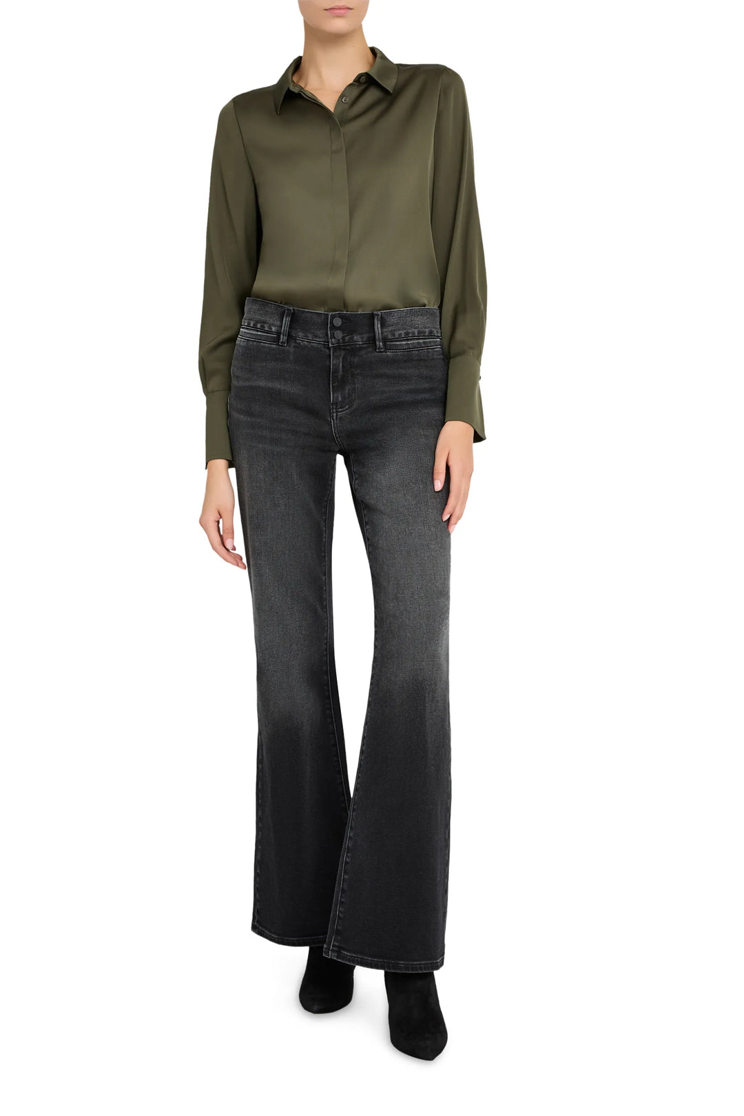 Silk Larissa Blouse with relaxed silhouette, subtle draping, and fluid sleeves; front view on white.