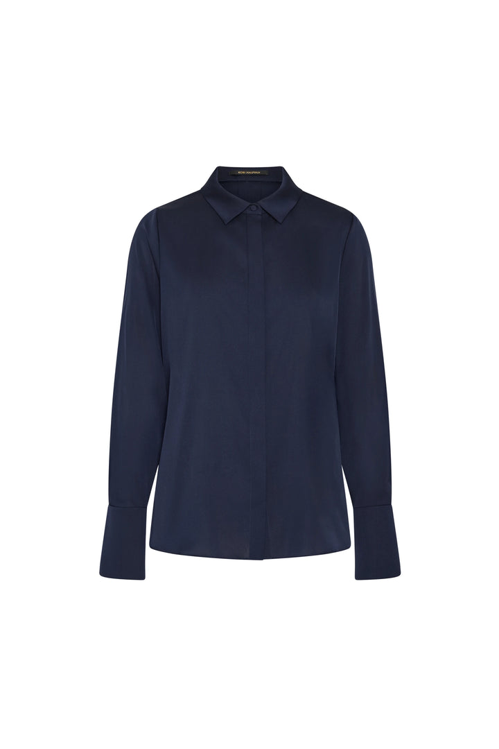 Navy blue long-sleeve shirt on a white background