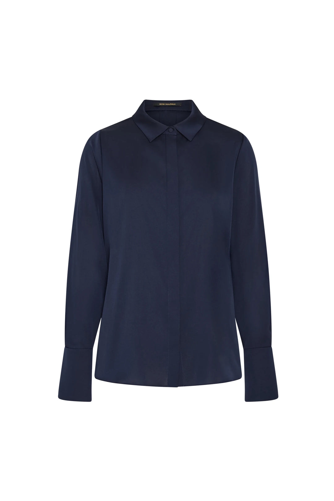 Fluid silk blouse with classic collar, wide cuffs, and clean lines. Shown in front view on white background.