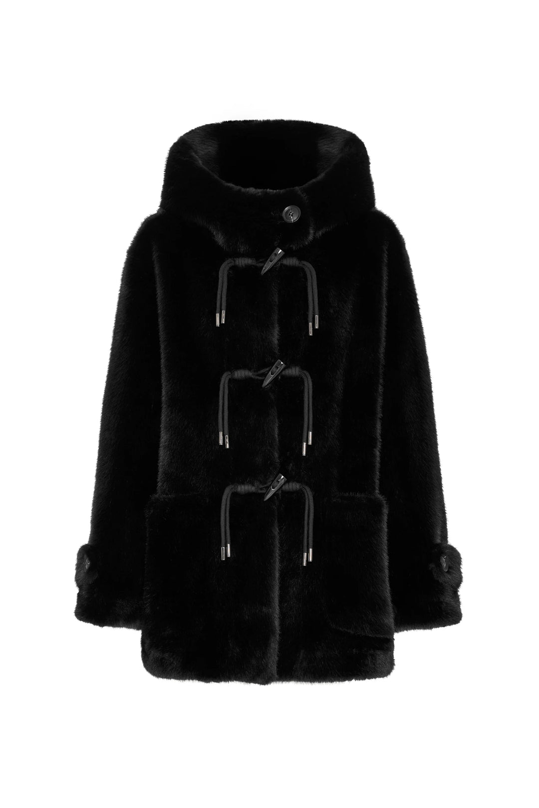 Faux fur coat with hood, relaxed silhouette, front patch pockets, plush texture; front view on white.