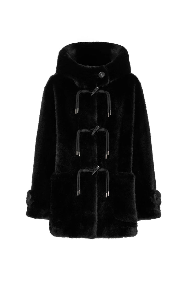 Faux fur coat with hood, relaxed silhouette, front patch pockets, plush texture; front view on white.