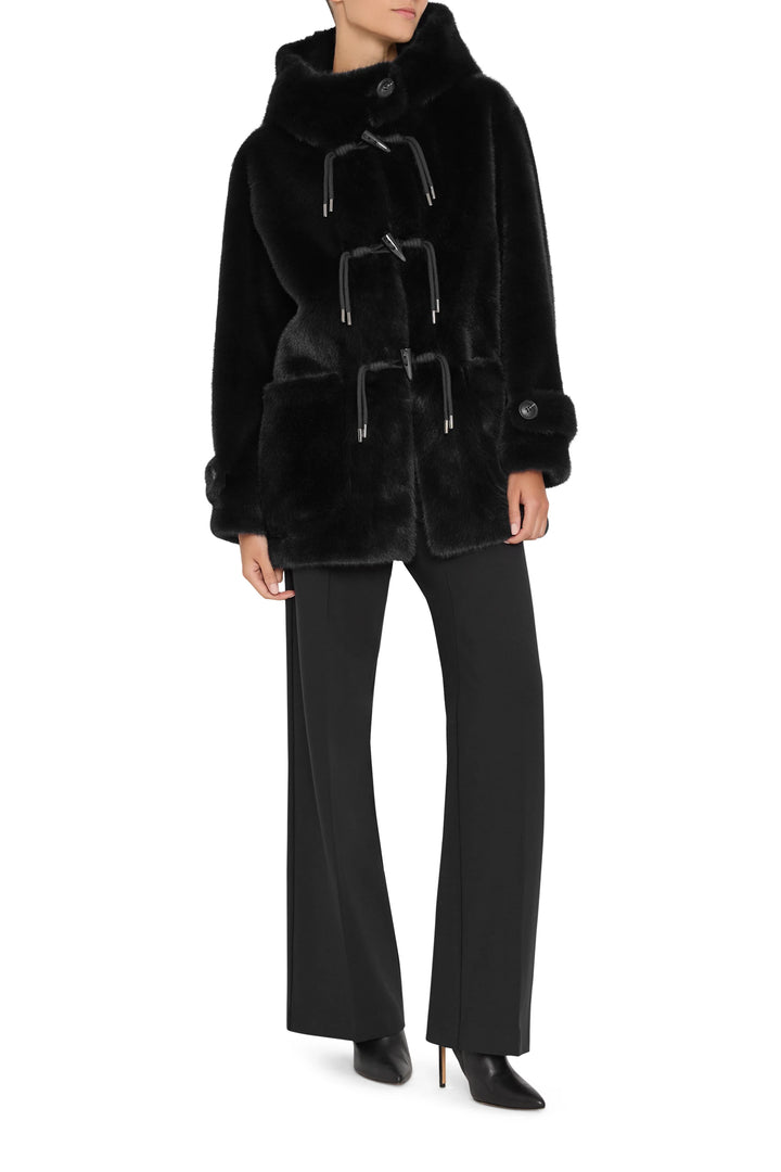 Rosie Faux Fur Coat with hood, relaxed silhouette, plush faux fur construction; front view on model.