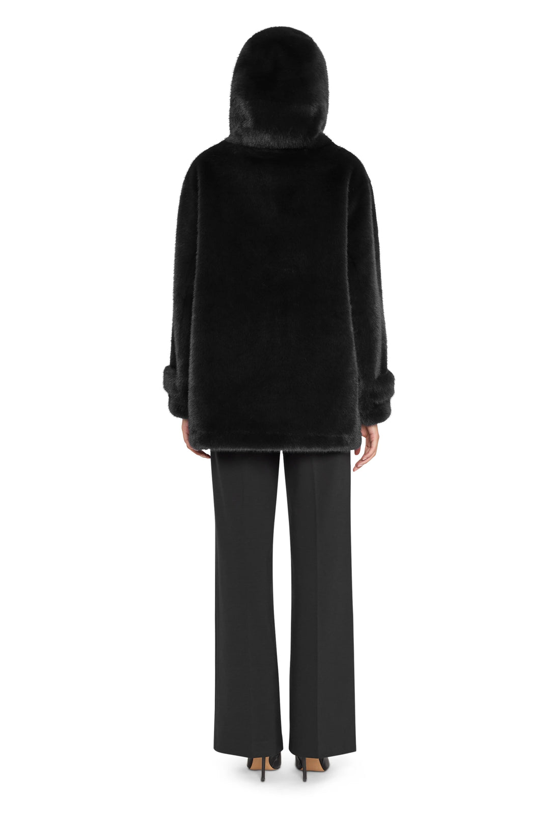 Rosie Faux Fur Coat with relaxed silhouette, plush faux fur, concealed closure; back view on model.