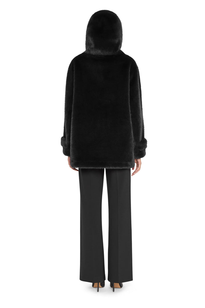 Rosie Faux Fur Coat with relaxed silhouette, plush faux fur, concealed closure; back view on model.