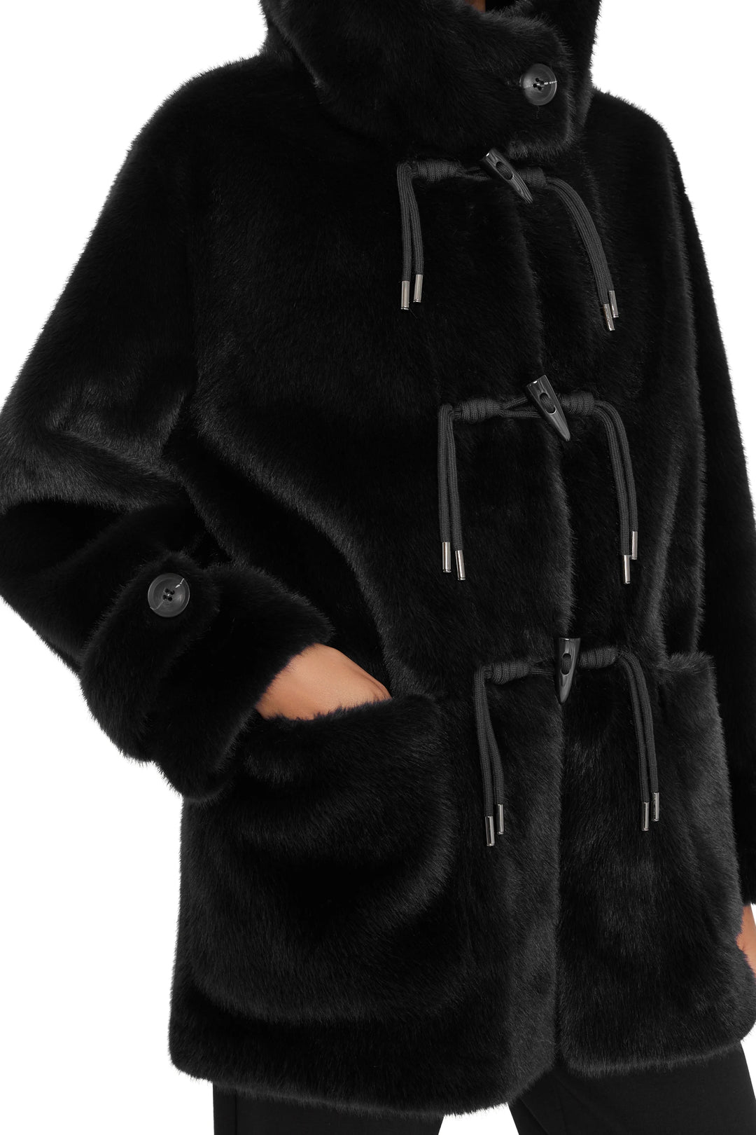 Rosie Faux Fur Coat, relaxed silhouette, large patch front pockets, plush faux fur fabric; front view on model.