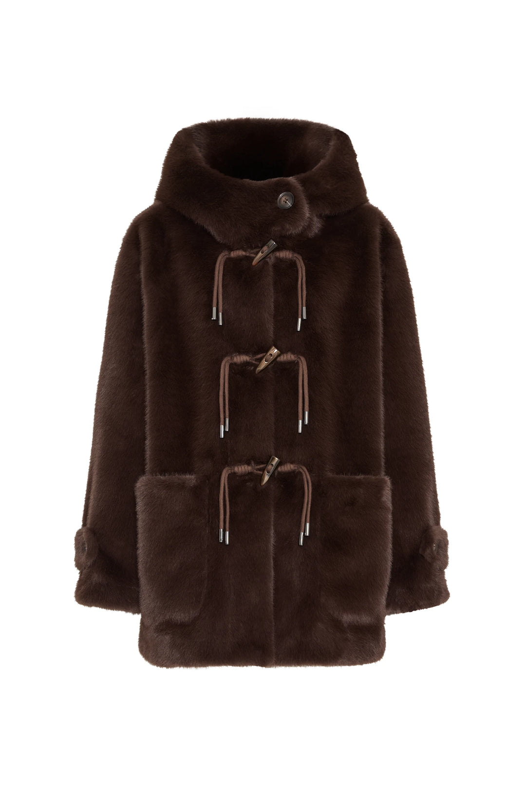 Faux fur coat with high collar, large patch pockets, straight silhouette; front view on white.
