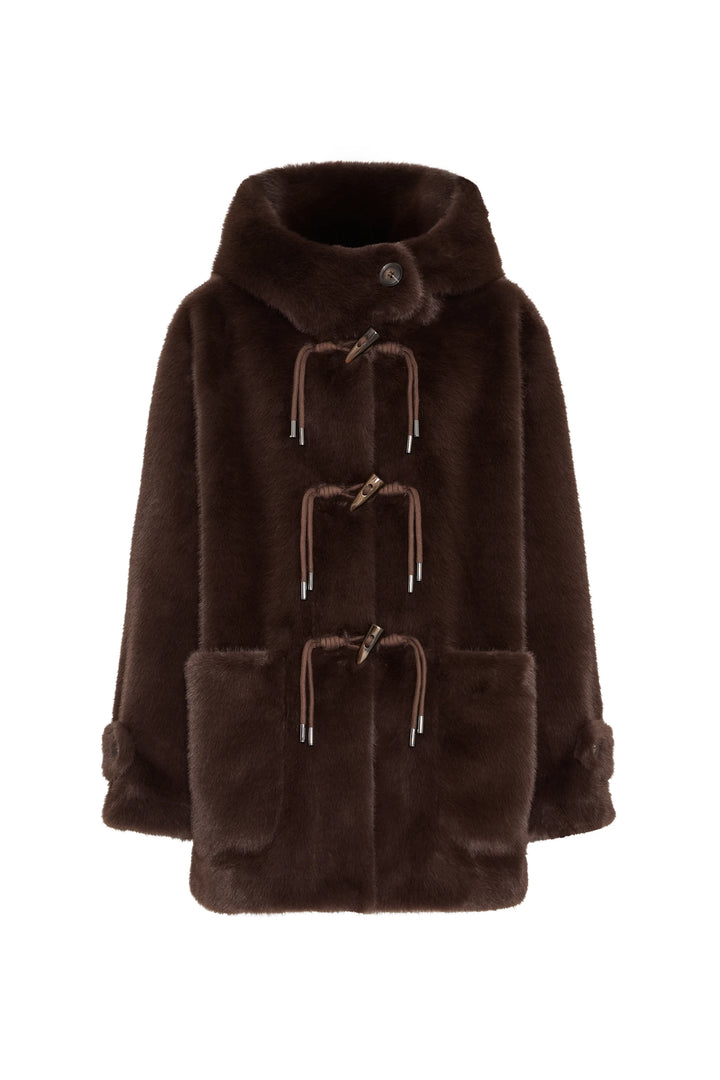 Faux fur coat with high collar, large patch pockets, straight silhouette; front view on white.