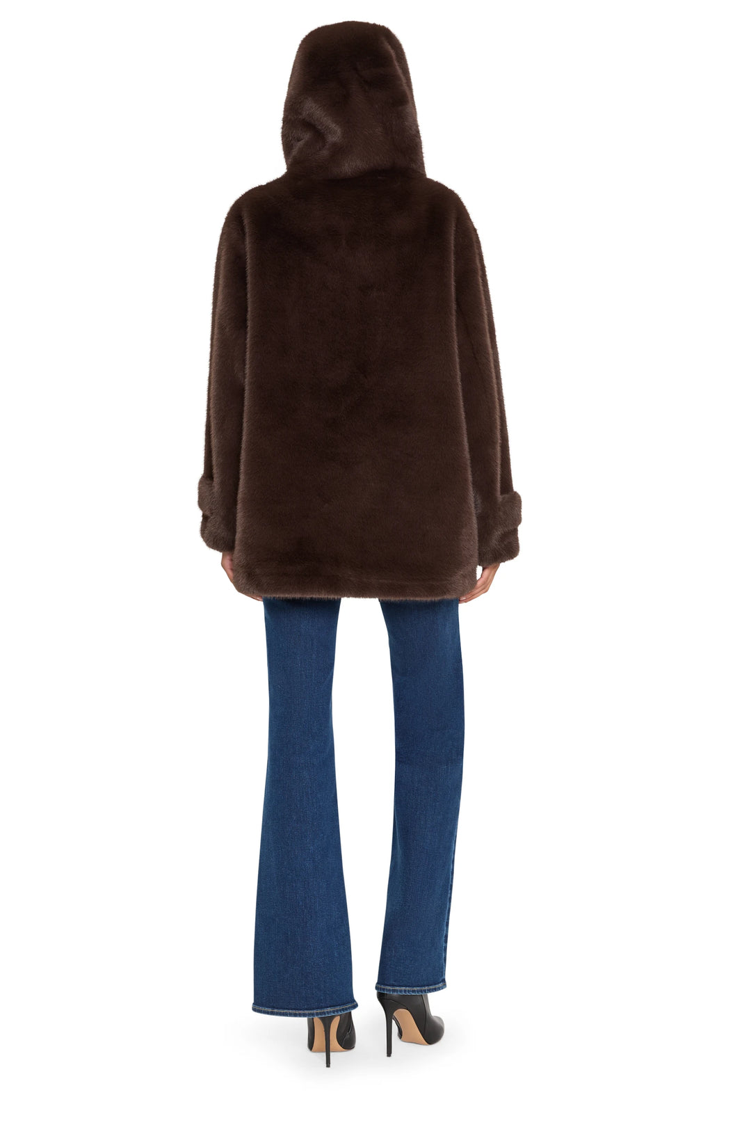Rosie Faux Fur Coat with boxy silhouette, plush faux fur fabric, and collar; back view on model.