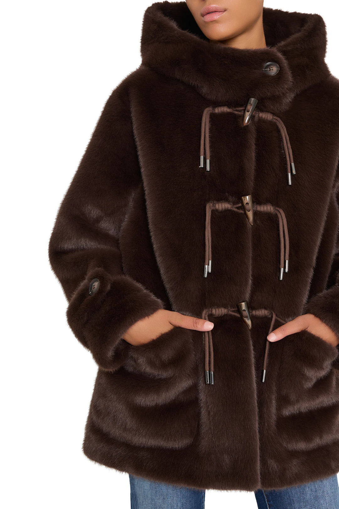 Rosie Faux Fur Coat with hood, toggle closures, pockets, plush construction. Front view on white.