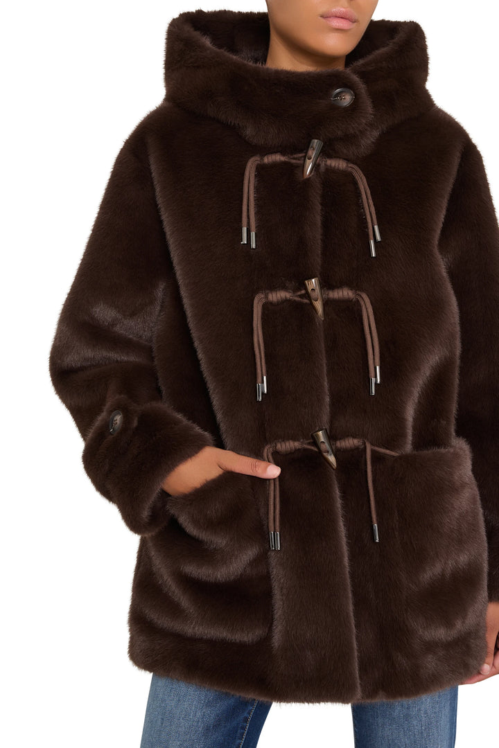 Rosie Faux Fur Coat with relaxed fit, plush faux fur, concealed front closure; front view on model.