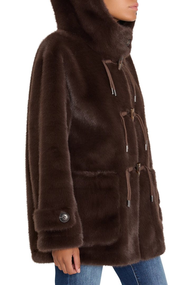 Rosie Faux Fur Coat, relaxed silhouette with plush faux fur and clean seams, side view on model.