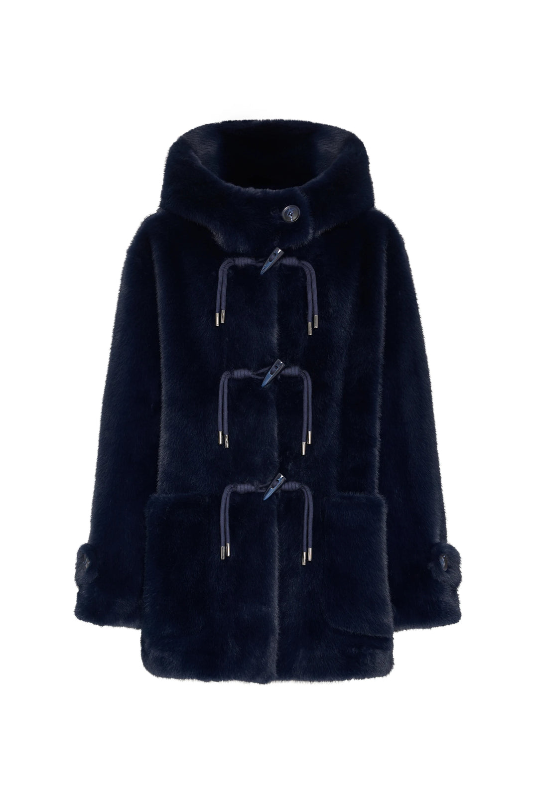 Rosie Faux Fur Coat, relaxed silhouette with hood, bonded finish, oversized front pockets; front view on white.