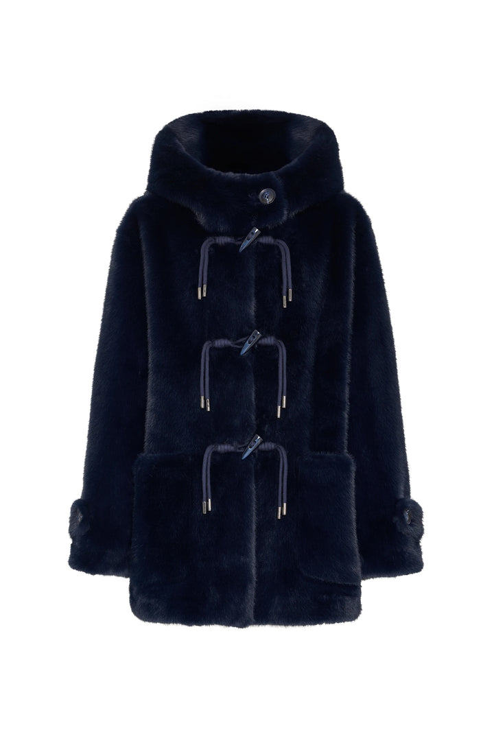 Rosie Faux Fur Coat, relaxed silhouette with hood, bonded finish, oversized front pockets; front view on white.