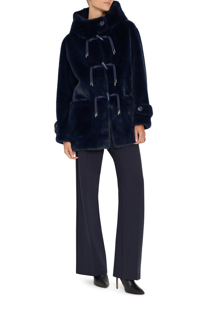 Rosie Faux Fur Coat, navy, relaxed silhouette with hood, plush faux fur fabric; front view on model.