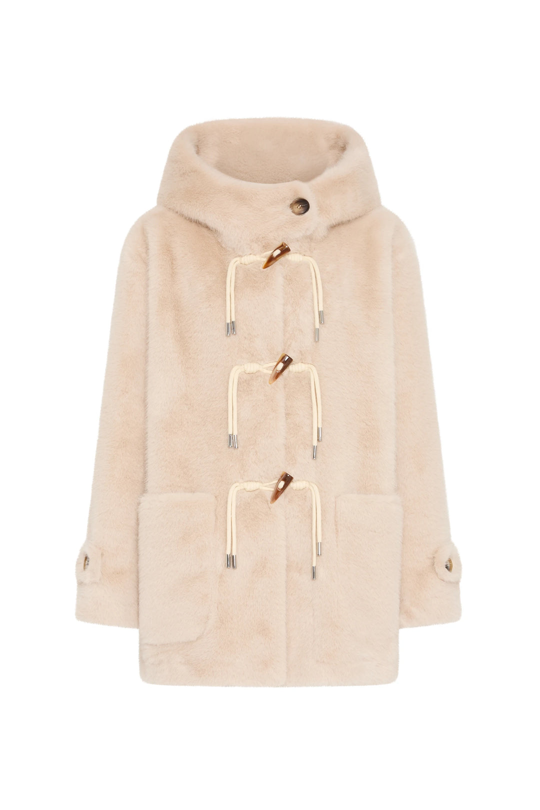 Beige faux fur coat with hood, toggle closure, buttoned sleeves, large pockets, relaxed fit; front view on white.