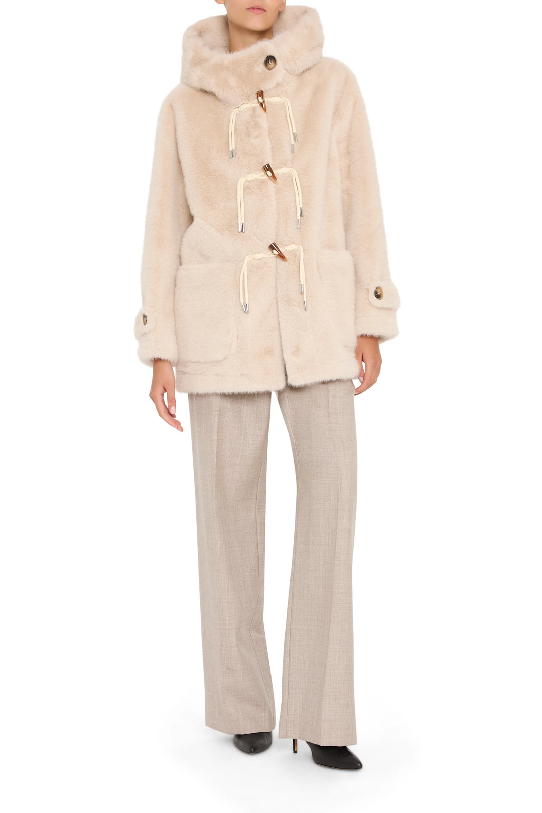 Rosie Faux Fur Coat with relaxed silhouette, plush faux fur fabric, concealed front closure; front view on model.