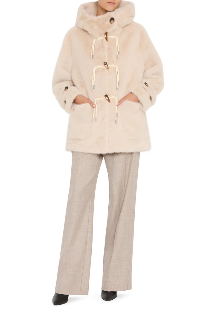 Rosie Faux Fur Coat, relaxed silhouette, plush faux fur, classic lapels, concealed closure; front view on model.