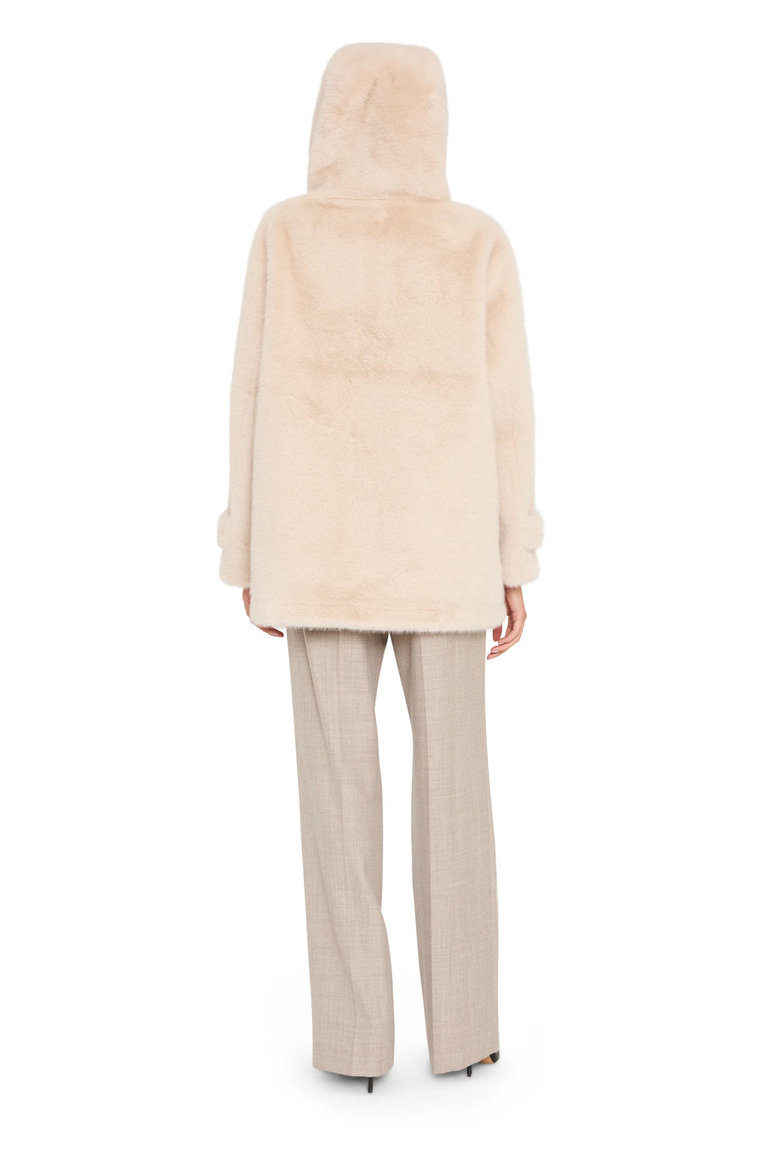 Oversized, hooded silhouette in luxe faux fur with plush texture and clean lines; back view on white.