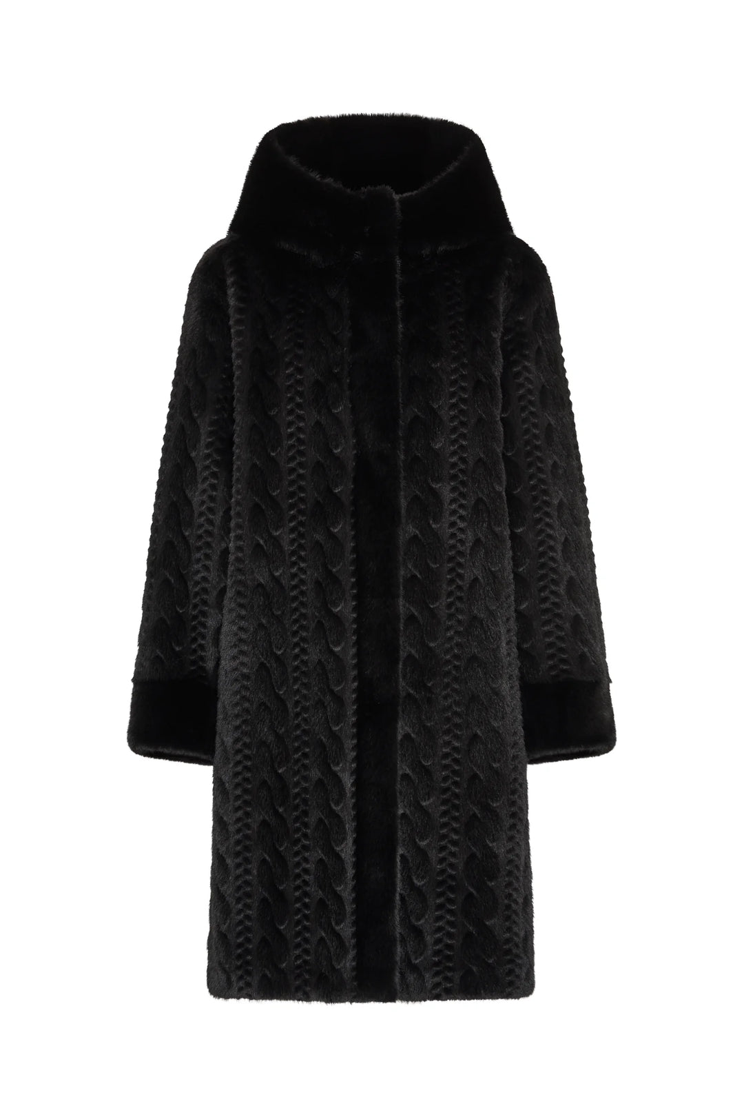 Black faux fur coat with cable-inspired texture, high collar, long sleeves; structured silhouette, front view on white.