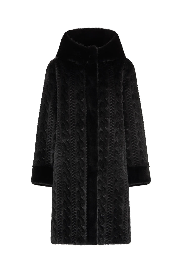Black faux fur coat with cable-inspired texture, high collar, long sleeves; structured silhouette, front view on white.