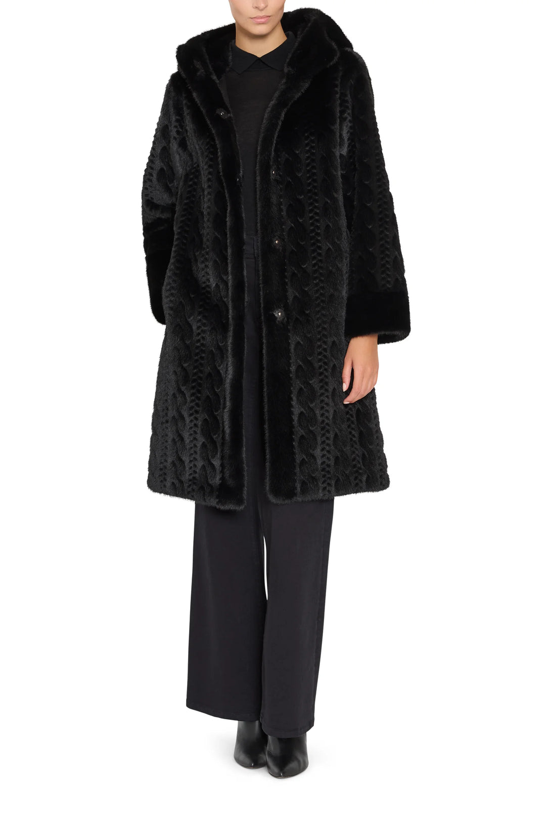 Faux fur coat with cable texture, relaxed silhouette, and wide collar. Front view on white.