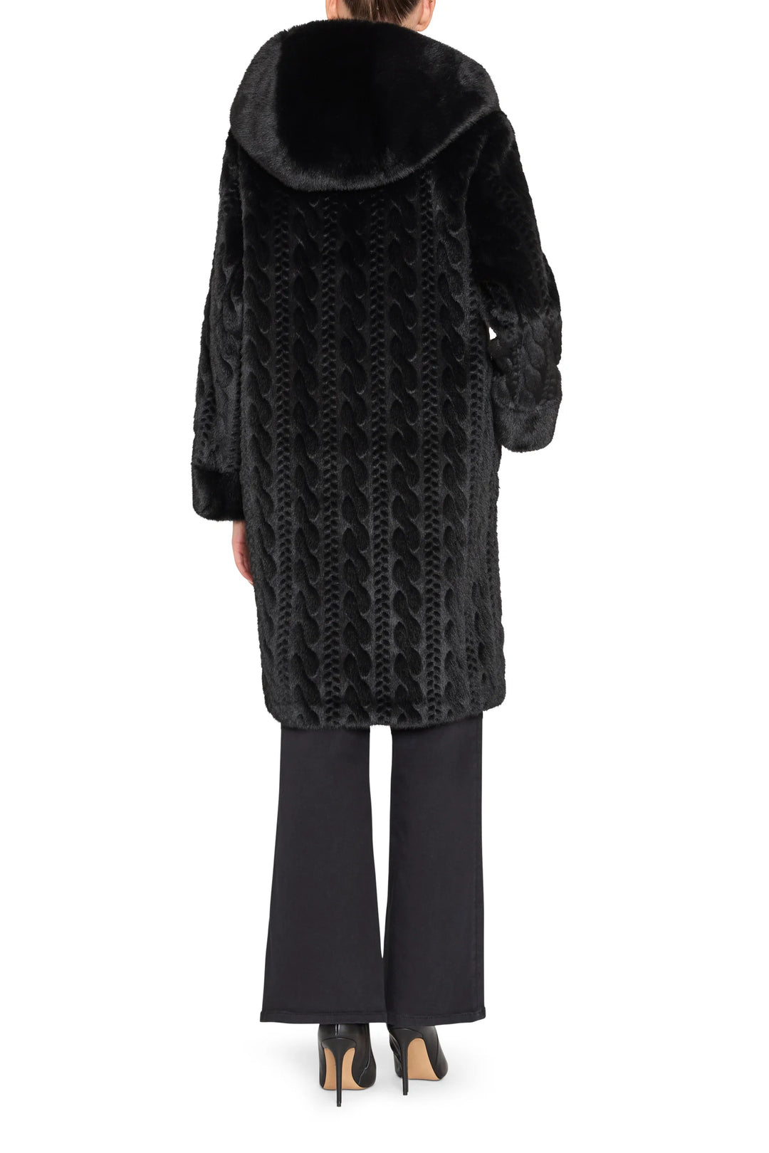Faux fur coat with cable texture, relaxed silhouette and collar, back view on model.