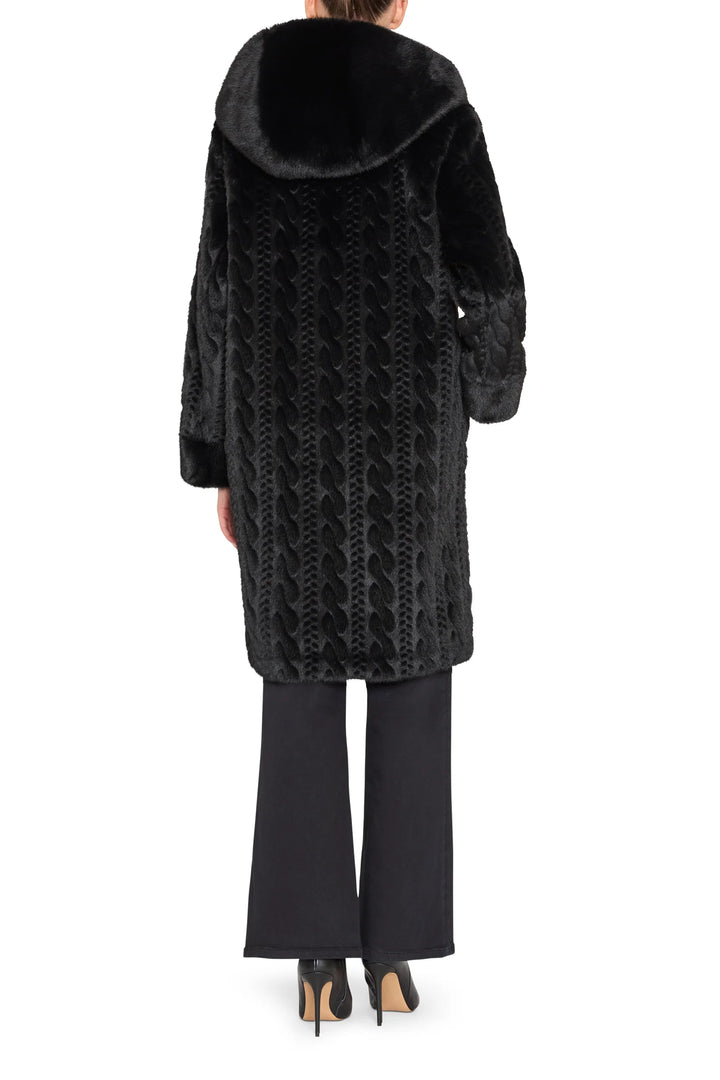 Faux fur coat with cable texture, relaxed silhouette and collar, back view on model.