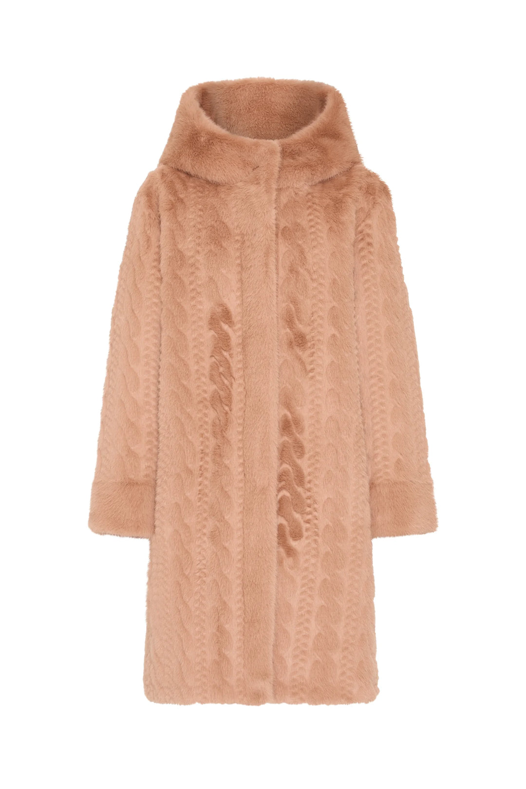 Hooded faux fur coat with cable knit details, long sleeves, straight silhouette; front view on white.
