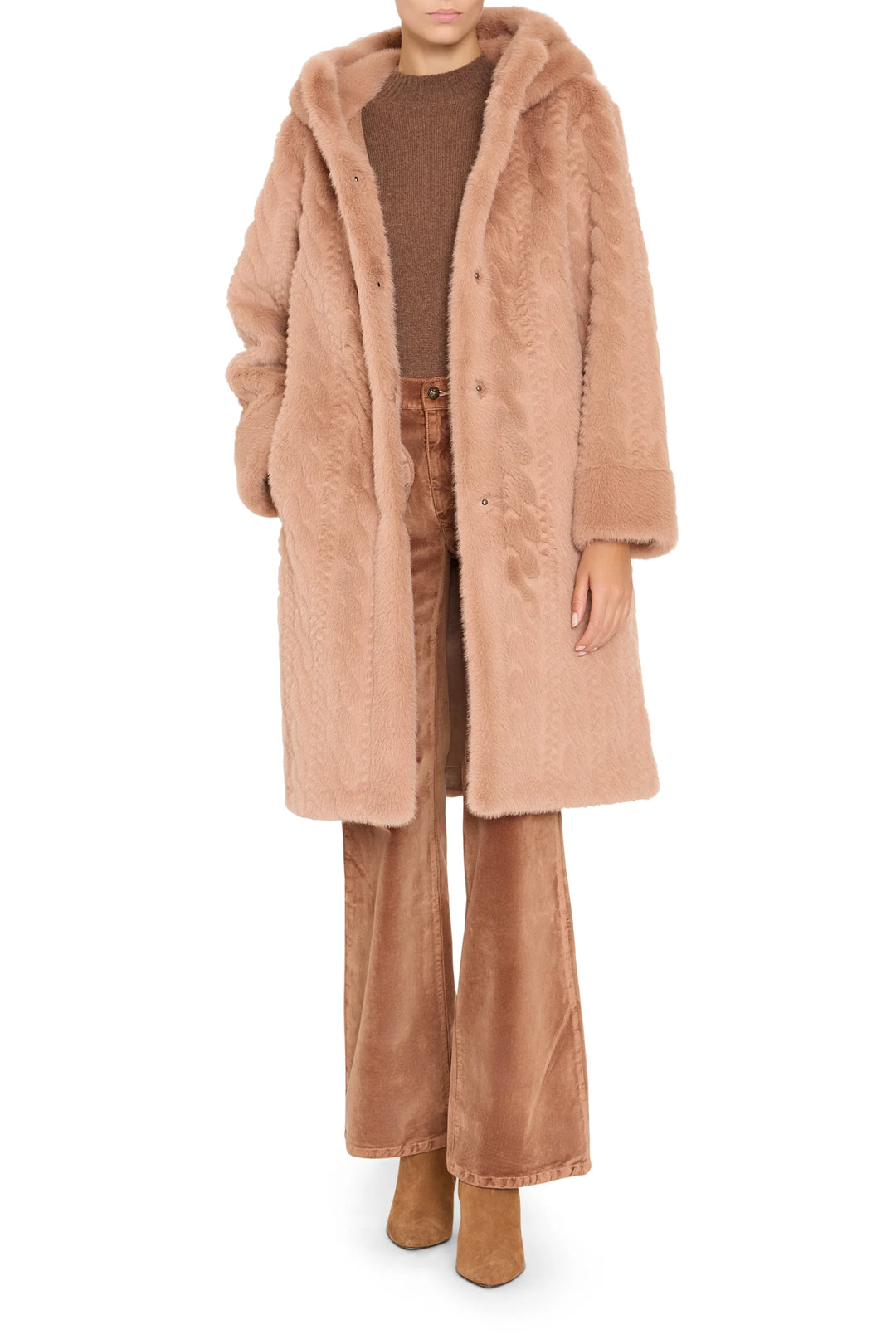 Long faux fur coat with cable knit texture and relaxed fit, notched collar and concealed closure. Front view on white.