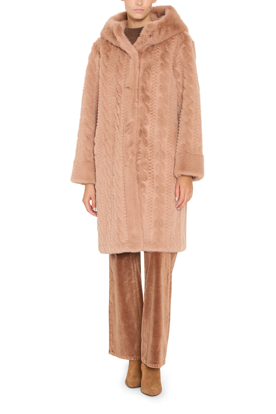 Faux fur coat with cable texture, relaxed silhouette, front closure; front view on model.