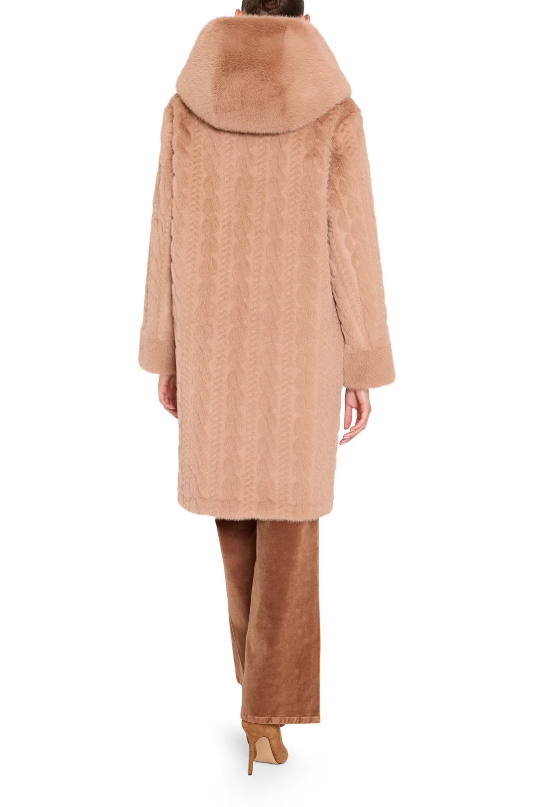 Cable faux fur coat with relaxed silhouette, textured finish, and structured shoulders; back view on model.