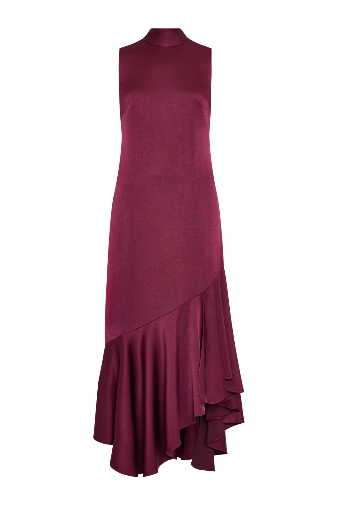 Sleeveless, satin back crepe dress with high neck and asymmetrical hem; fluid silhouette; front view on white.