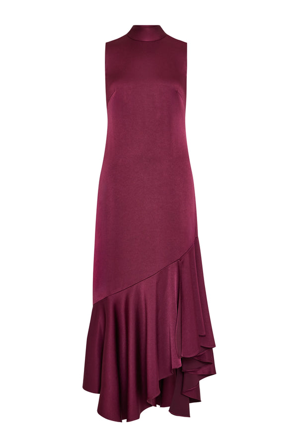 Sleeveless, satin back crepe dress with high neck and asymmetrical hem; fluid silhouette; front view on white.