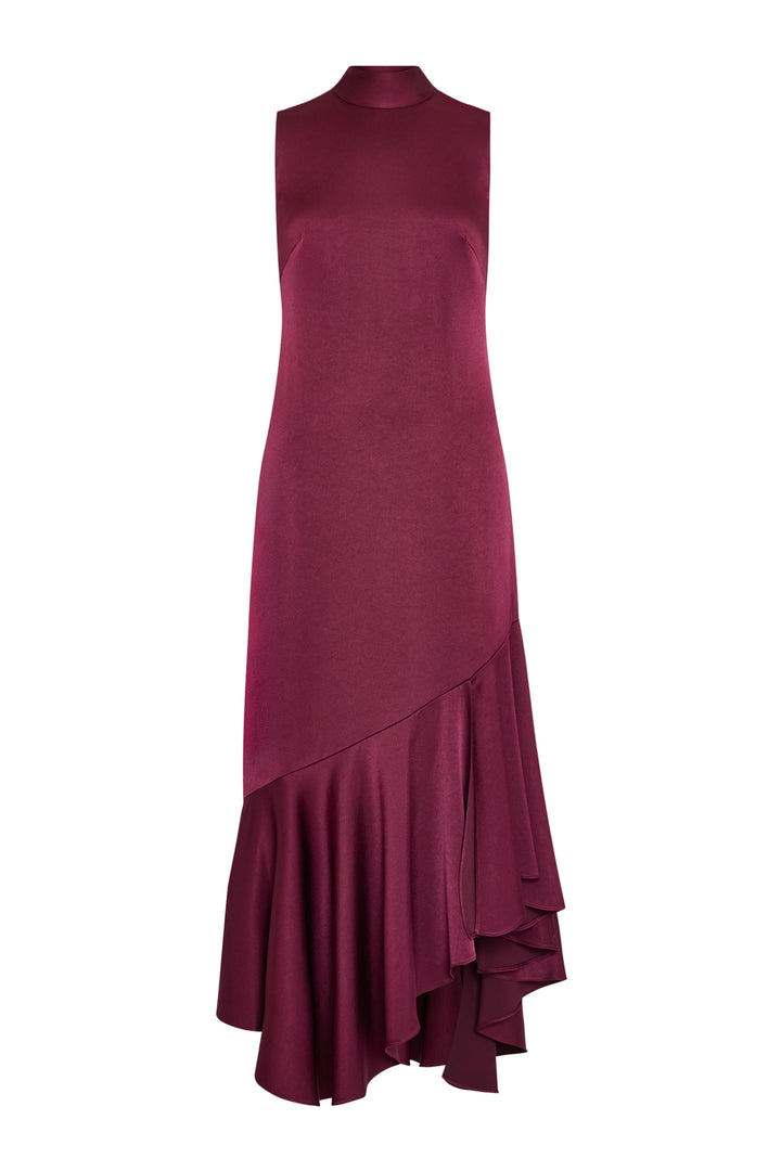 Sleeveless, satin back crepe dress with high neck and asymmetrical hem; fluid silhouette; front view on white.
