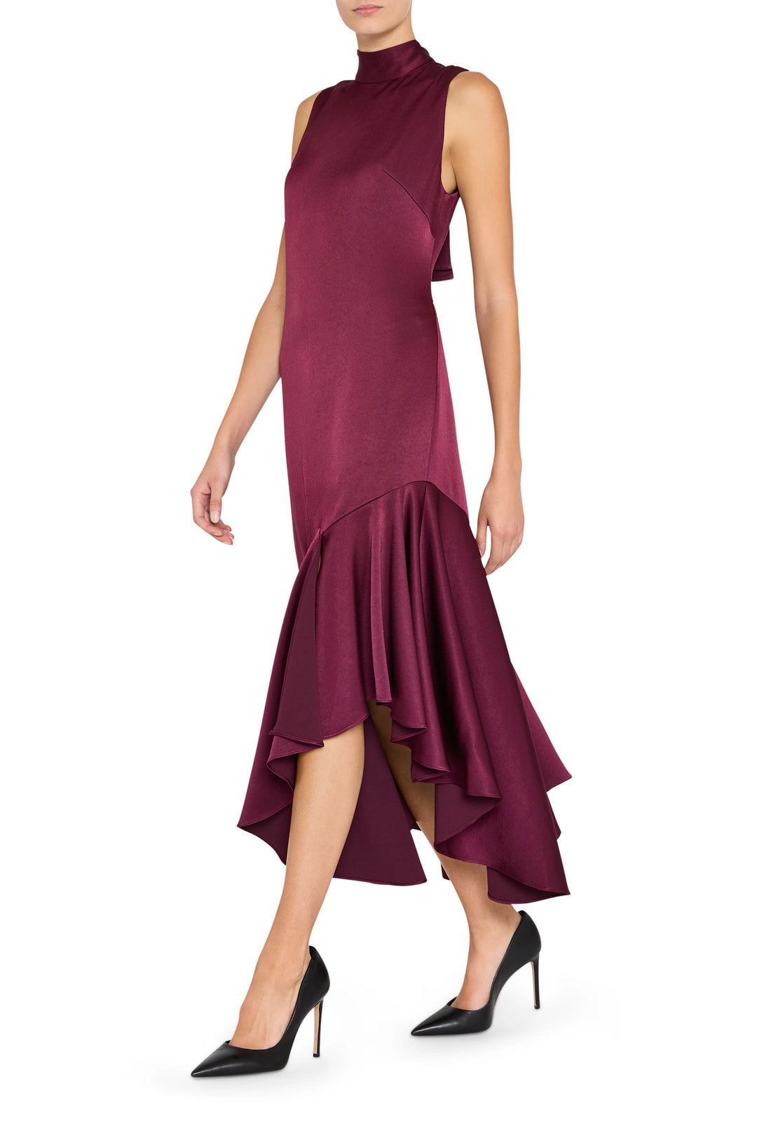 Jenkins Satin Back Crepe Dress with asymmetrical hem, draped silhouette, fluid construction; front view on model.