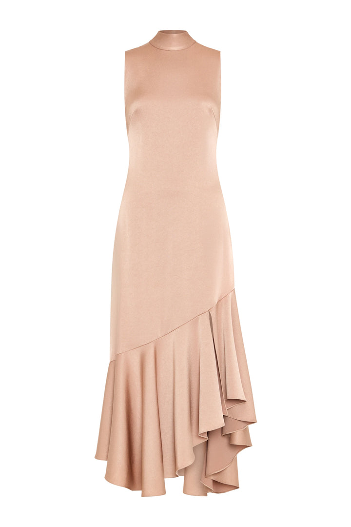 Sleeveless blush pink crepe dress, high neck, asymmetrical handkerchief hem, fluid silhouette. Front view on white.
