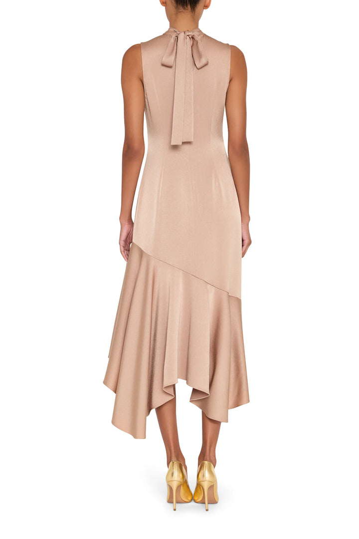 Sleeveless satin back crepe midi dress with asymmetrical hem and clean back seams, back view on model.