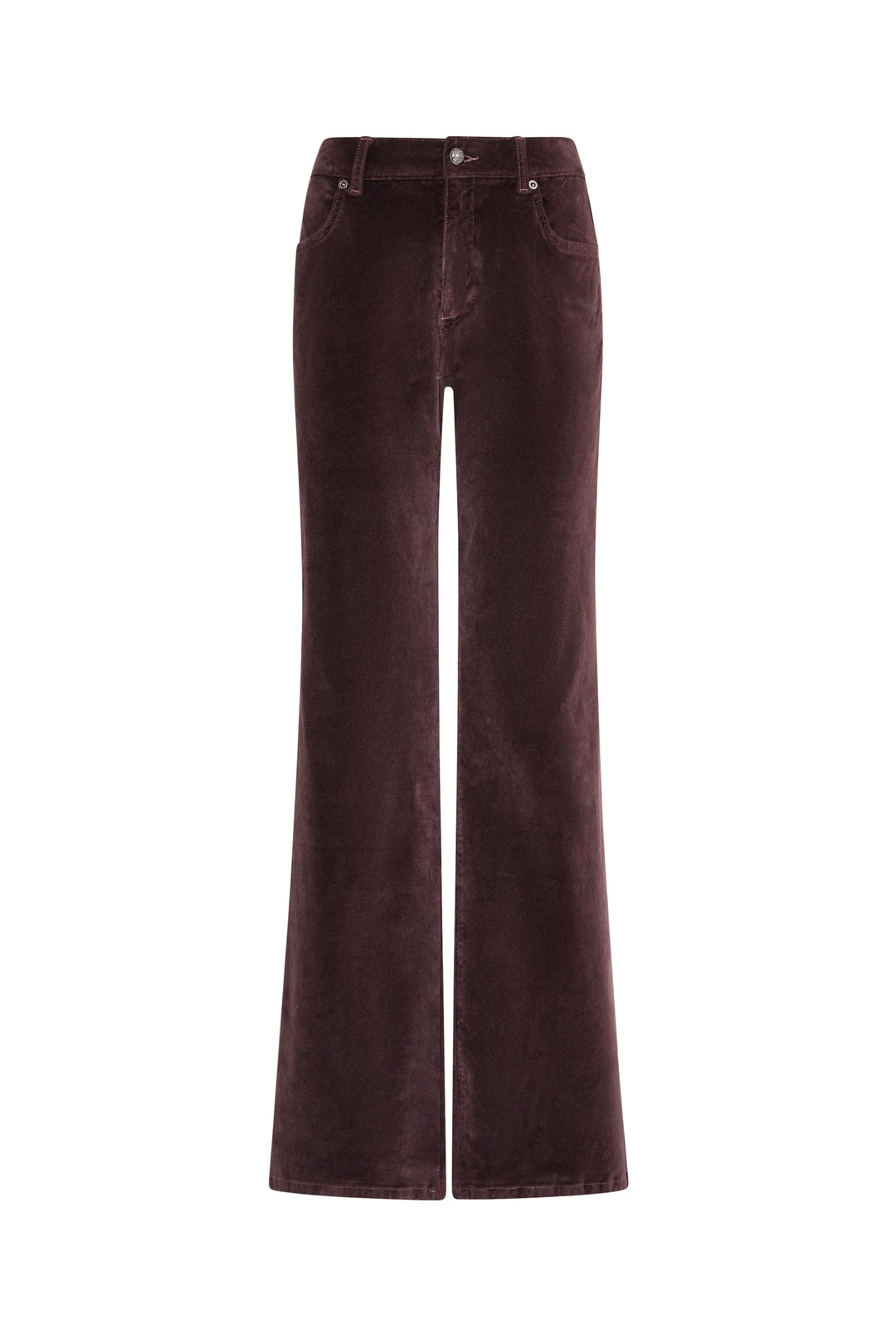 Mid-rise flare pant in stretch velvet with front pockets, belt loops, and button closure; front view on white.