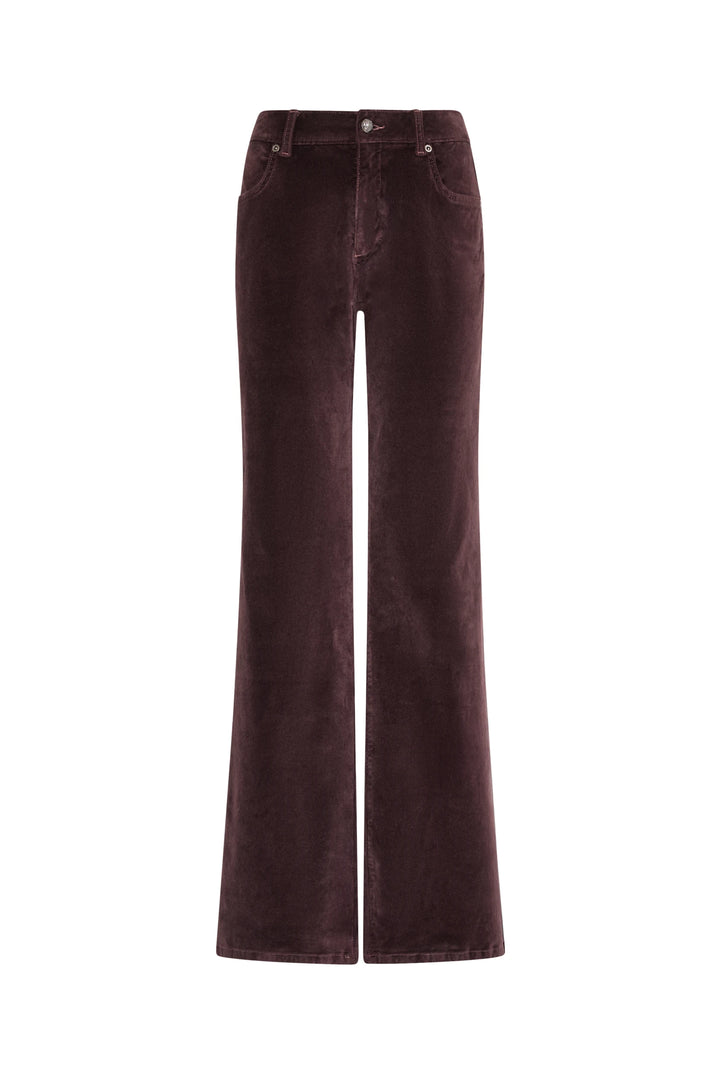 Mid-rise flare pant in stretch velvet with front pockets, belt loops, and button closure; front view on white.